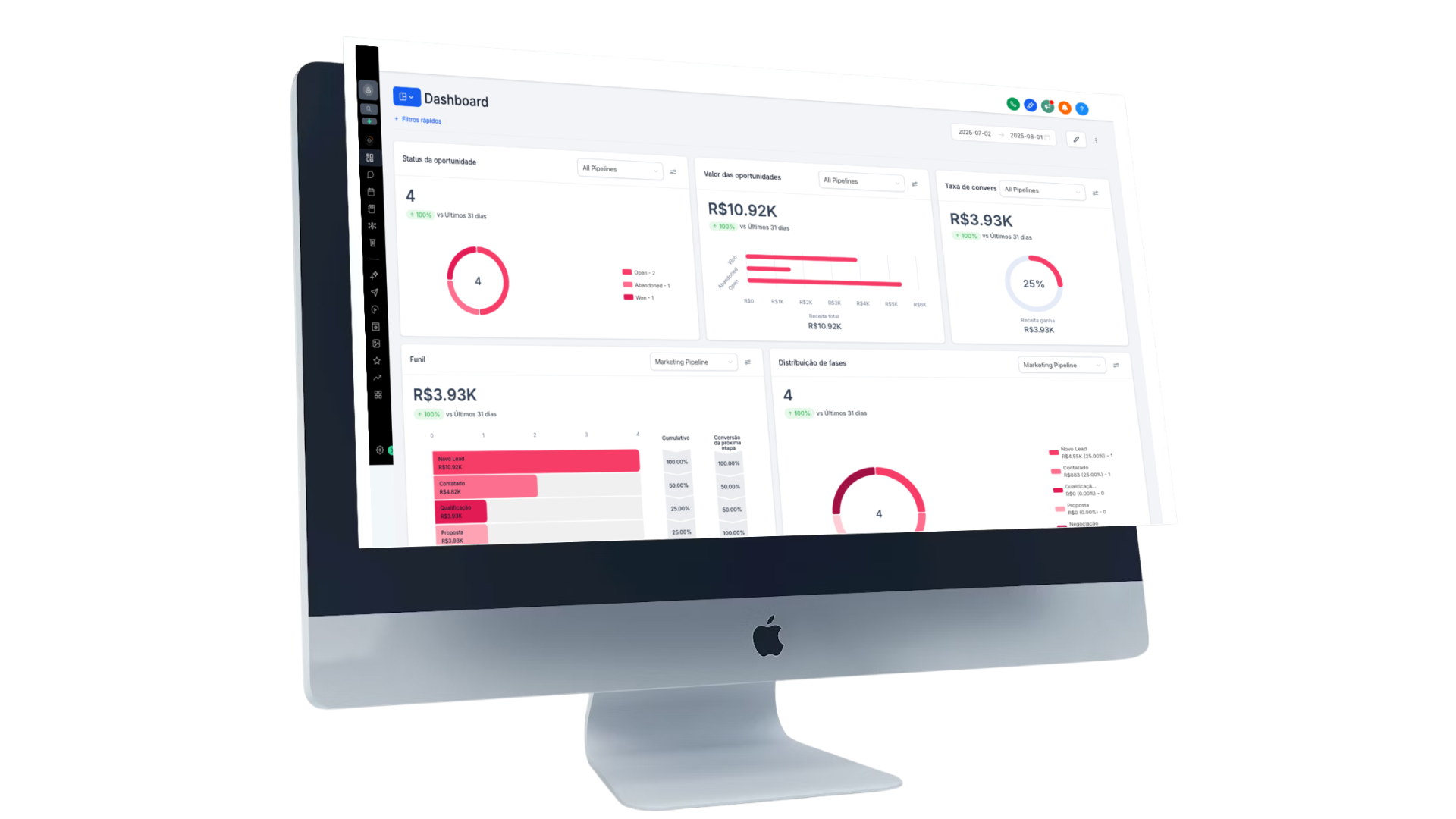 Dashboard Pulsefy com funil de vendas, caixa de entrada unificada e métricas em tempo real